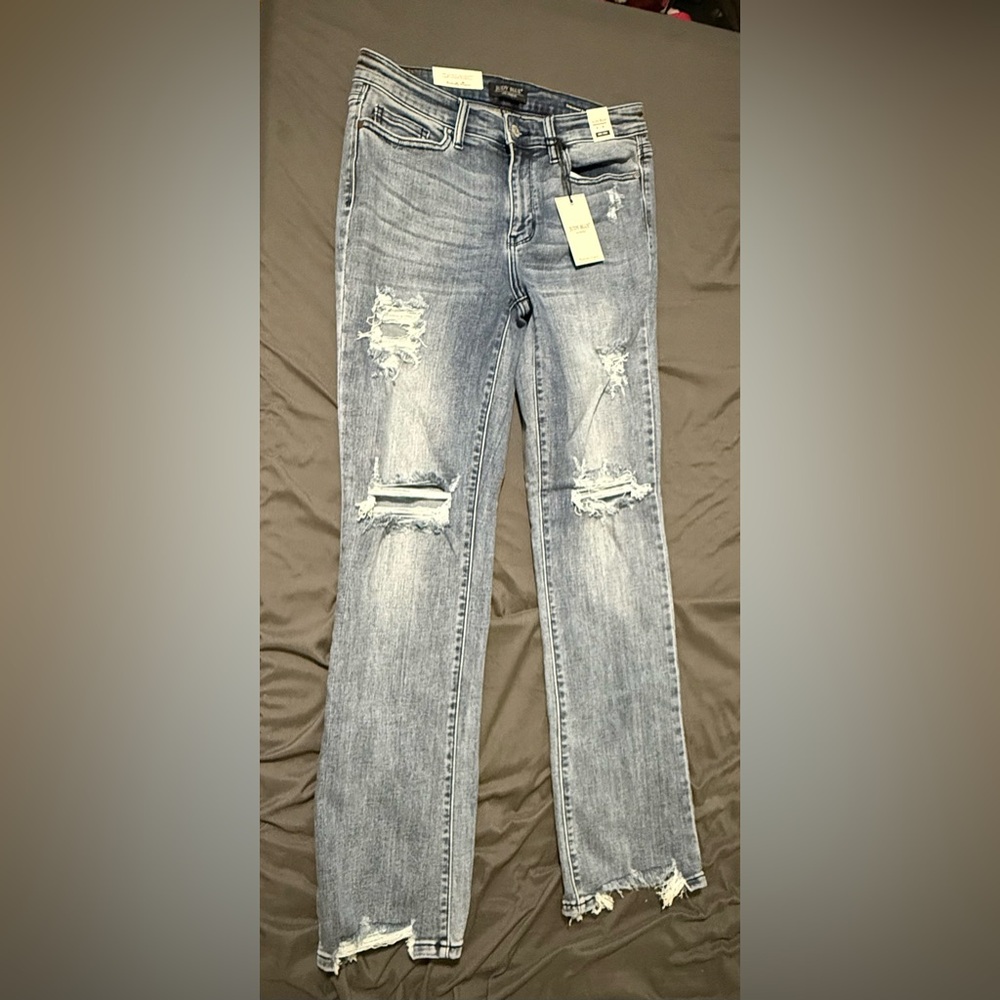 Judy Blue Distressed Light Gray Straight Leg Jeans